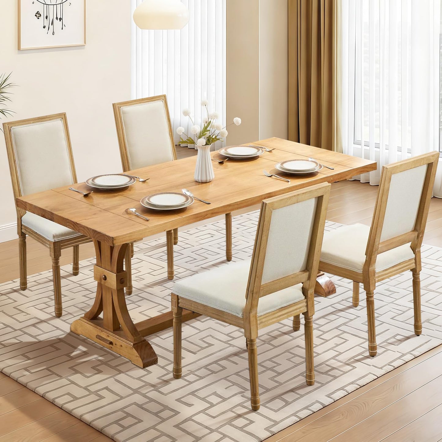 Rattan Dining Chairs Set of 4, French Country Cane Back Upholstered Kitchen Chairs, Solid Wood Farmhouse Side Chairs, Beige