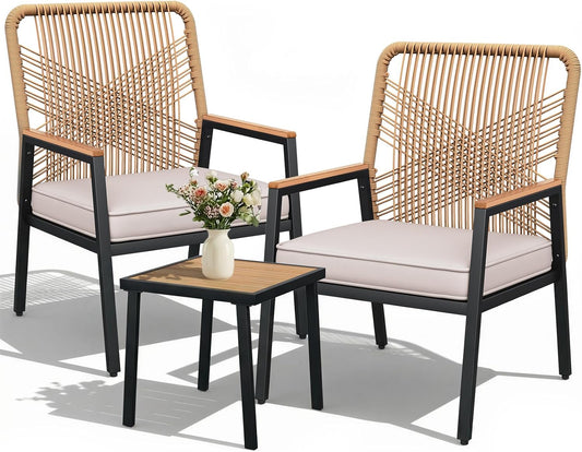 LIFERUN 3-Piece Patio Furniture Set, Outdoor Rattan Chairs with Table, Garden Set with 3.15in Thick Cushions, WPC Armrest, for Balcony, Backyard, Terrace, Beige
