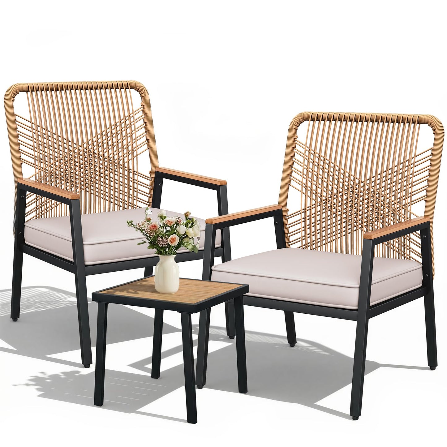 LIFERUN 3-Piece Patio Furniture Set, Outdoor Rattan Chairs with Table, Garden Set with 3.15in Thick Cushions, WPC Armrest, for Balcony, Backyard, Terrace, Beige
