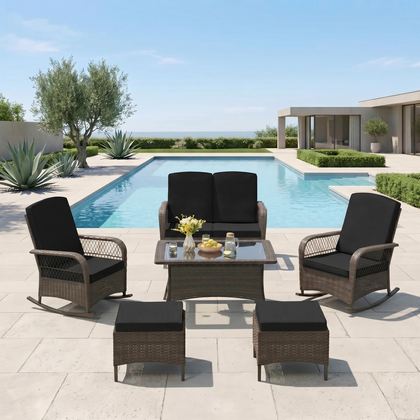 LEVELEVE 3 pcs Rocking Bistro Set Conversation Chairs PE Wicker Outdoor Rocking Chairs(Rocking Set,Sand)