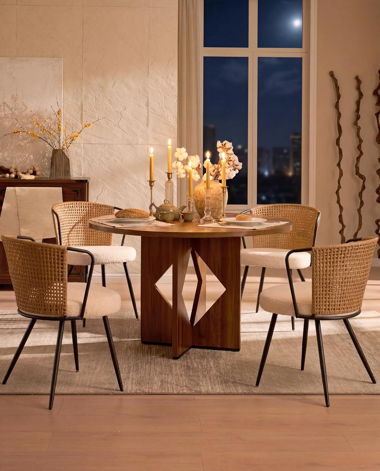 BedsPick Rattan Dining Chairs Set of 2 - Farmhouse Upholstered PE Rattan Kitchen Chair with Boucle Cushion, Wingback Dining Room Seat with Cane Back and Metal Legs for Home, Kitchen (Brown)