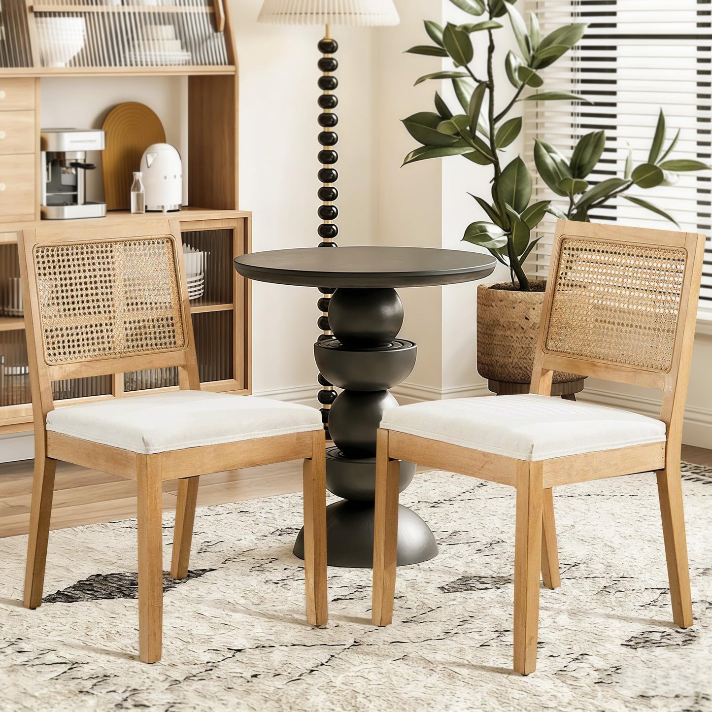 Rattan Dining Chairs Set of 4, French Country Cane Back Upholstered Kitchen Chairs, Solid Wood Farmhouse Side Chairs, Beige