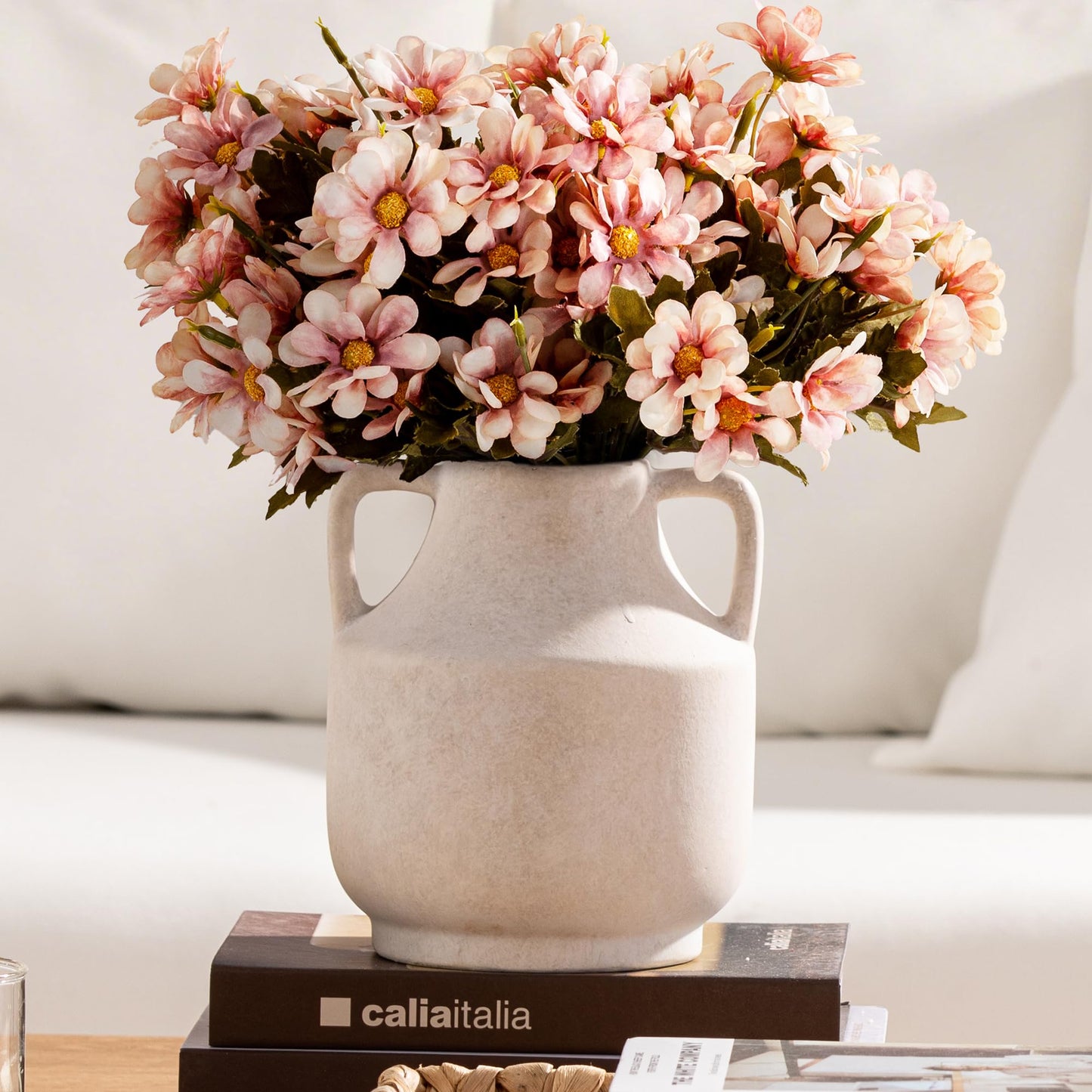 Mitt&Ditt Ceramic Flower Vase with Handles, 11 inch Tall Off-White Vase, Large Decorative Terracotta Vases, Farmhouse Rustic Pottery Vases for Home Decor, Living Room, Table