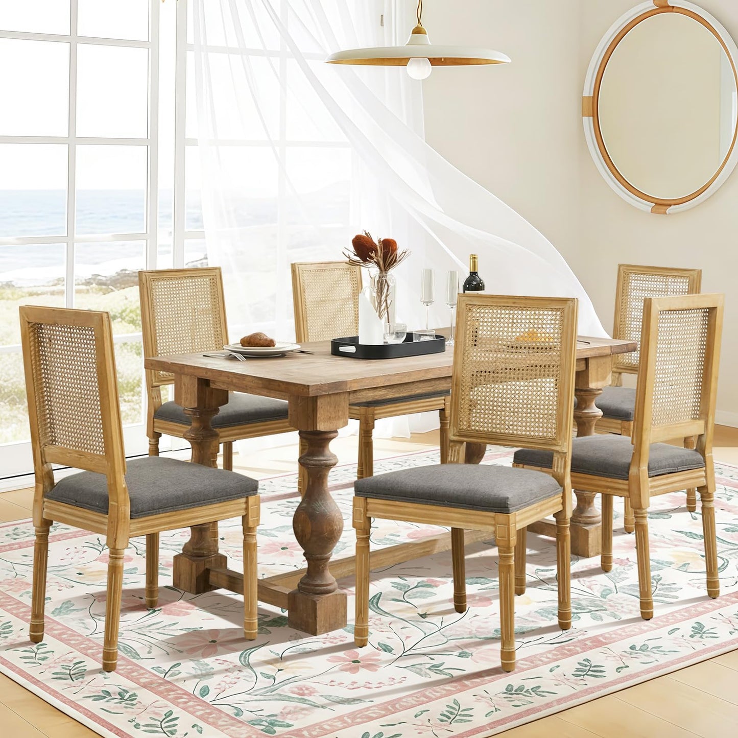 Rattan Dining Chairs Set of 4, French Country Cane Back Upholstered Kitchen Chairs, Solid Wood Farmhouse Side Chairs, Beige