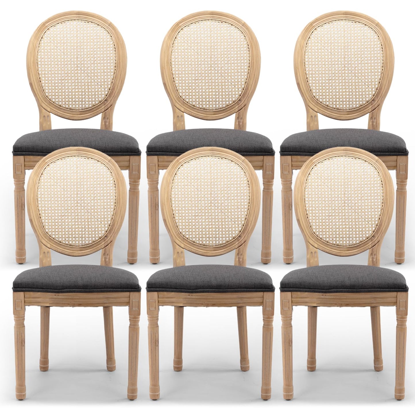 Rattan Dining Chairs Set of 4, French Country Cane Back Upholstered Kitchen Chairs, Solid Wood Farmhouse Side Chairs, Beige