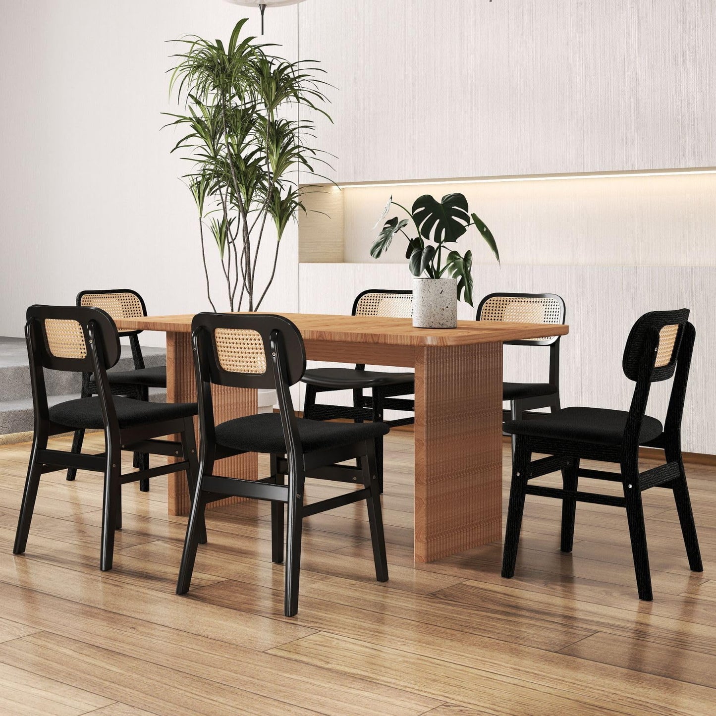 ROCITY Rattan Dining Chairs Set of 2 Beige Linen Fabric Dining Room Chairs Natural Wooden Kitchen Chairs Farmhouse Boho