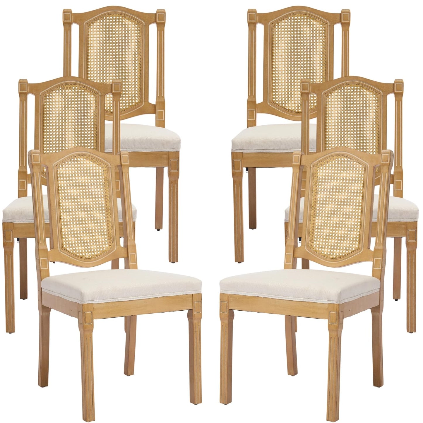French Country Dining Chairs Set of 6, Ivory Boho Style Woven Back Kitchen Chairs, Linen Upholstered Seats with Wood Legs for Kitchen & Dining Room, Sillas de Comedor (Beige, 6Pcs)