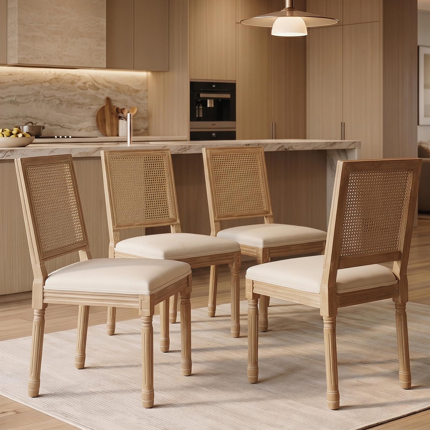 Farmhouse Dining Chairs Set of 4, French Country Woven Kitchen & Dining Room Chairs, Boho Woven Back Linen Upholstered Kitchen Chair, Solid Wood Frame, Sillas de Comedor (Beige, Woven, 4 Pcs)