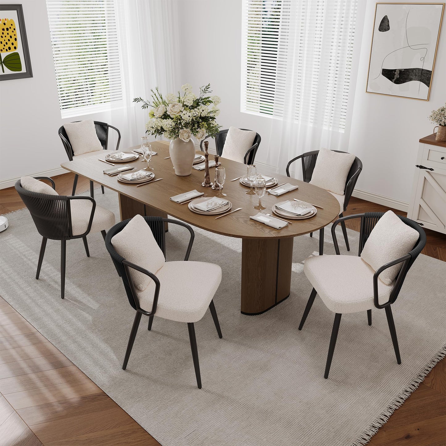 Rattan Dining Chairs Set of 2, Upholstered Kitchen Chair with Metal Legs, Ergonomic Curved Backrest, Mid Century Modern Living Room Chairs with Throw Pillow, Natural