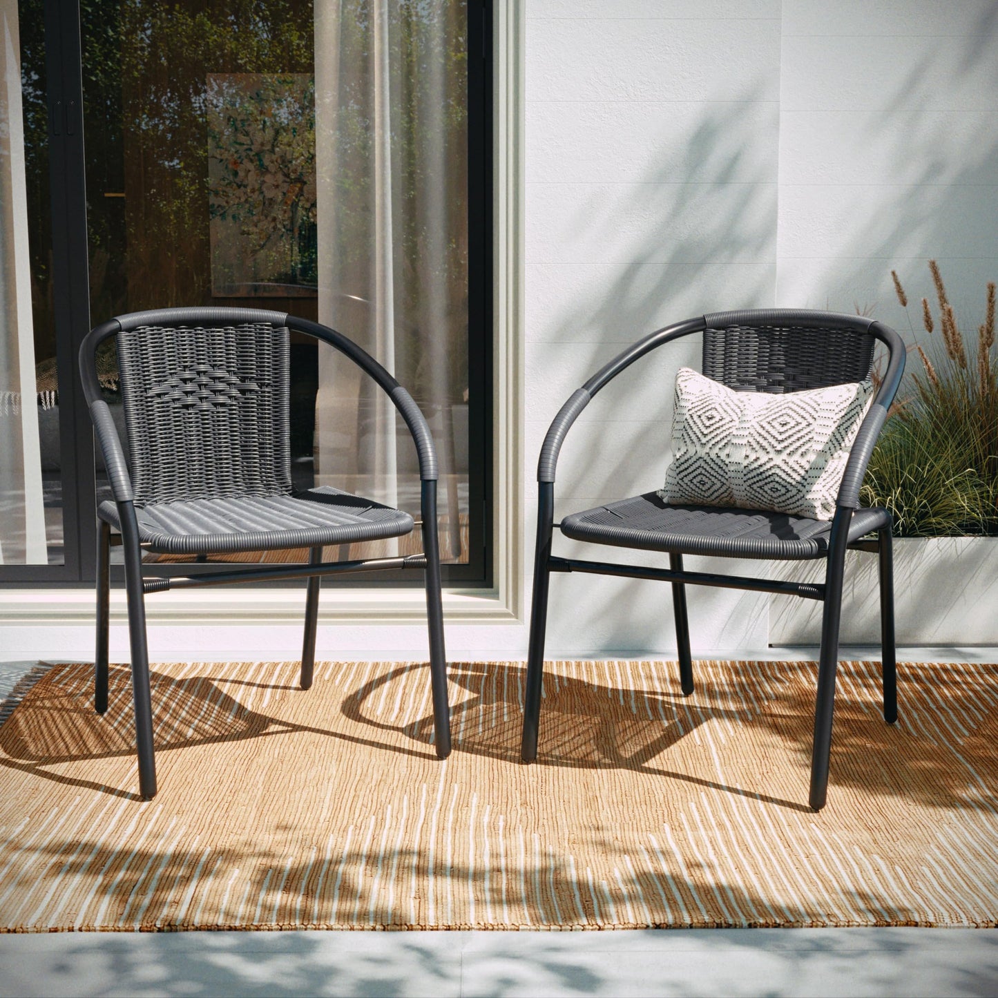 BizChair 2 Pack Beige Rattan Indoor-Outdoor Restaurant Stack Chair