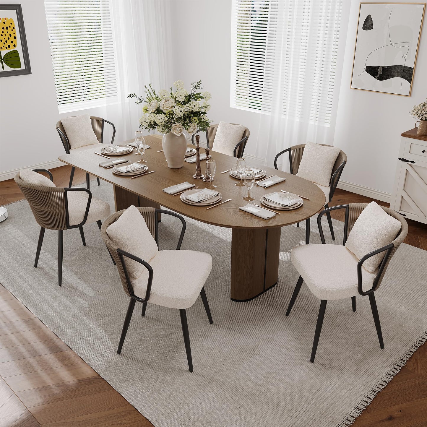 Rattan Dining Chairs Set of 2, Upholstered Kitchen Chair with Metal Legs, Ergonomic Curved Backrest, Mid Century Modern Living Room Chairs with Throw Pillow, Natural