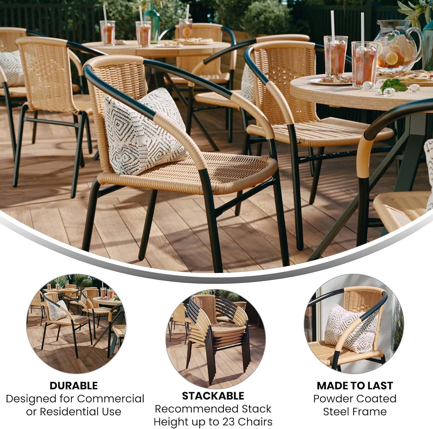 BizChair 2 Pack Beige Rattan Indoor-Outdoor Restaurant Stack Chair
