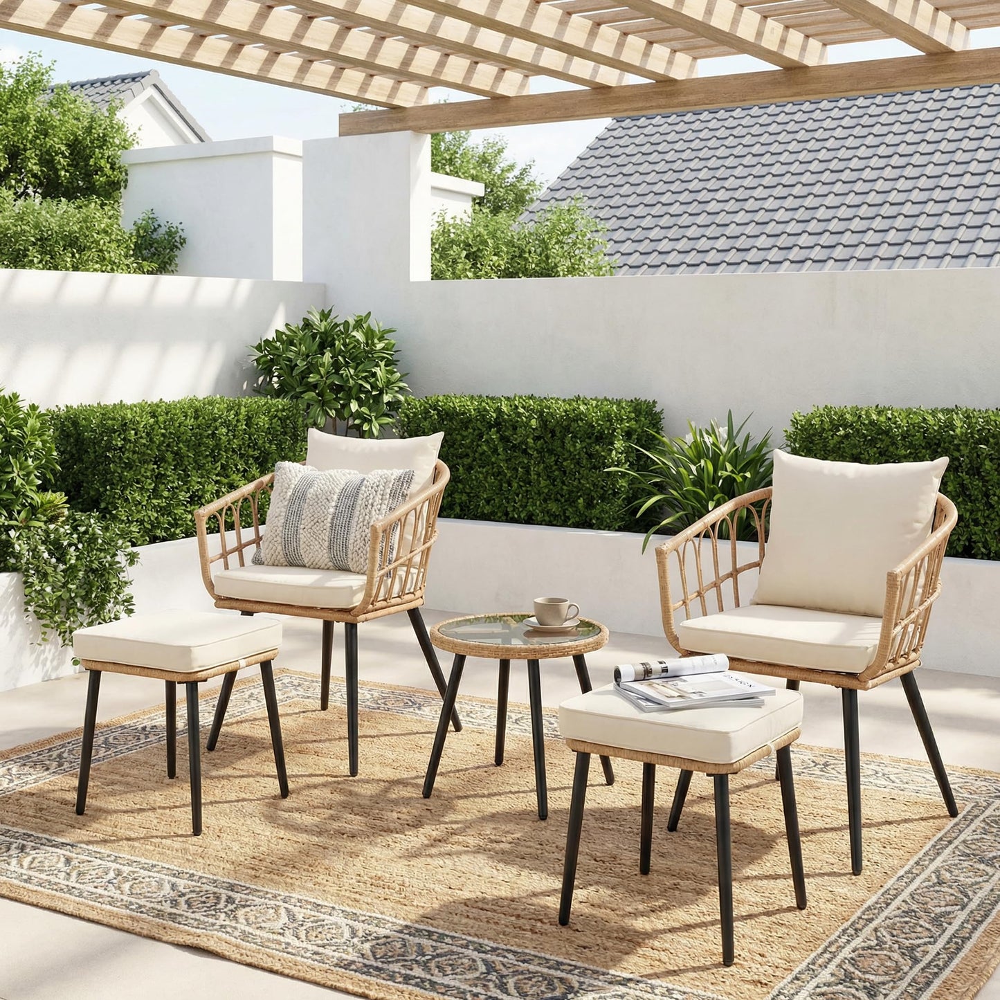 FHFO 5 Piece Patio Bistro Set with Ottoman, Outdoor Wicker Furniture Set, Rattan Balcony Furniture for Apartment, Garden, Porch, Backyard, Poolside, Natural-Beige