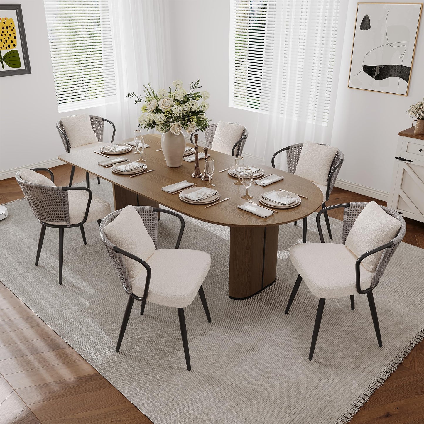 Rattan Dining Chairs Set of 2, Upholstered Kitchen Chair with Metal Legs, Ergonomic Curved Backrest, Mid Century Modern Living Room Chairs with Throw Pillow, Natural