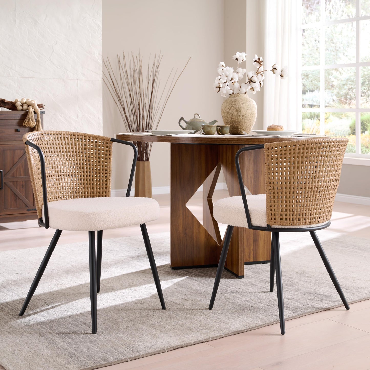 Brown Wingback PE Rattan Dining Chairs Set of 6 with Boucle Cushion & Metal Legs