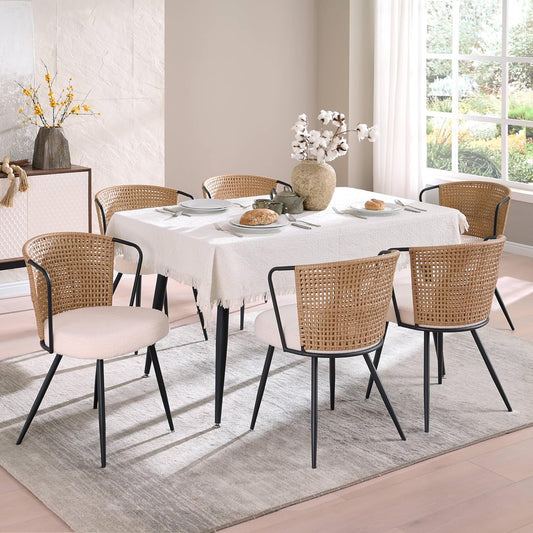 Brown Wingback PE Rattan Dining Chairs Set of 6 with Boucle Cushion & Metal Legs