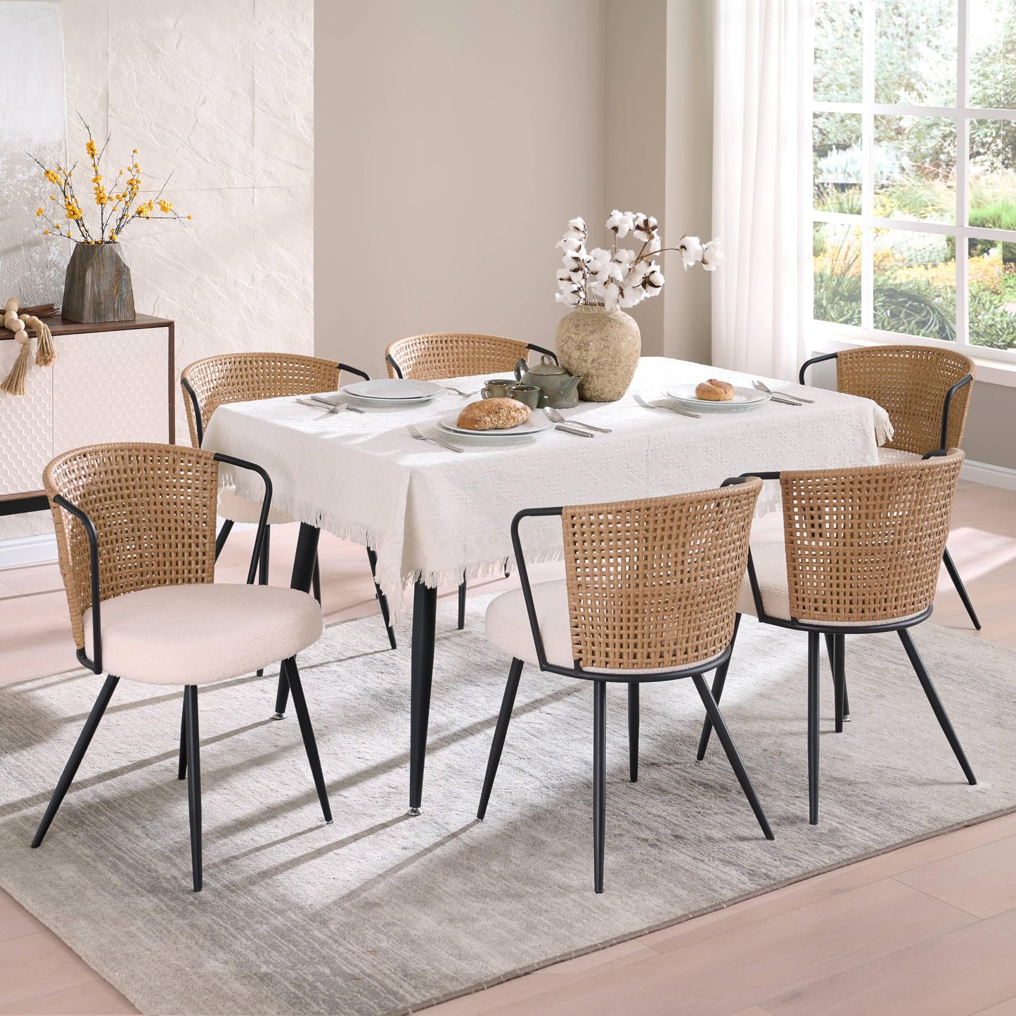 BedsPick Rattan Dining Chairs Set of 2 - Farmhouse Upholstered PE Rattan Kitchen Chair with Boucle Cushion, Wingback Dining Room Seat with Cane Back and Metal Legs for Home, Kitchen (Brown)