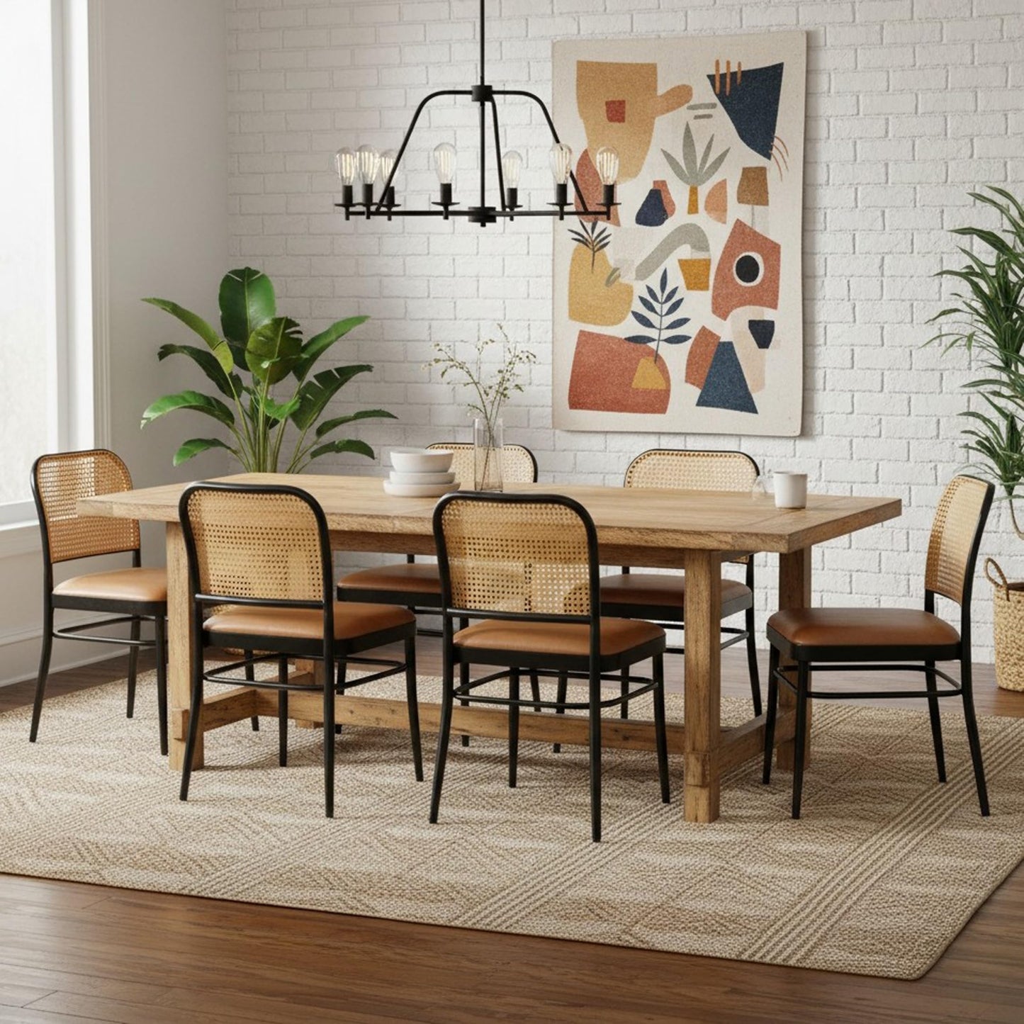 Rattan Dining Chairs Set of 4, Upholstered Faux Leather Dining Chairs with Cane Back, Mid Century Modern Kitchen & Dining Room Chairs, Boho Style, Black