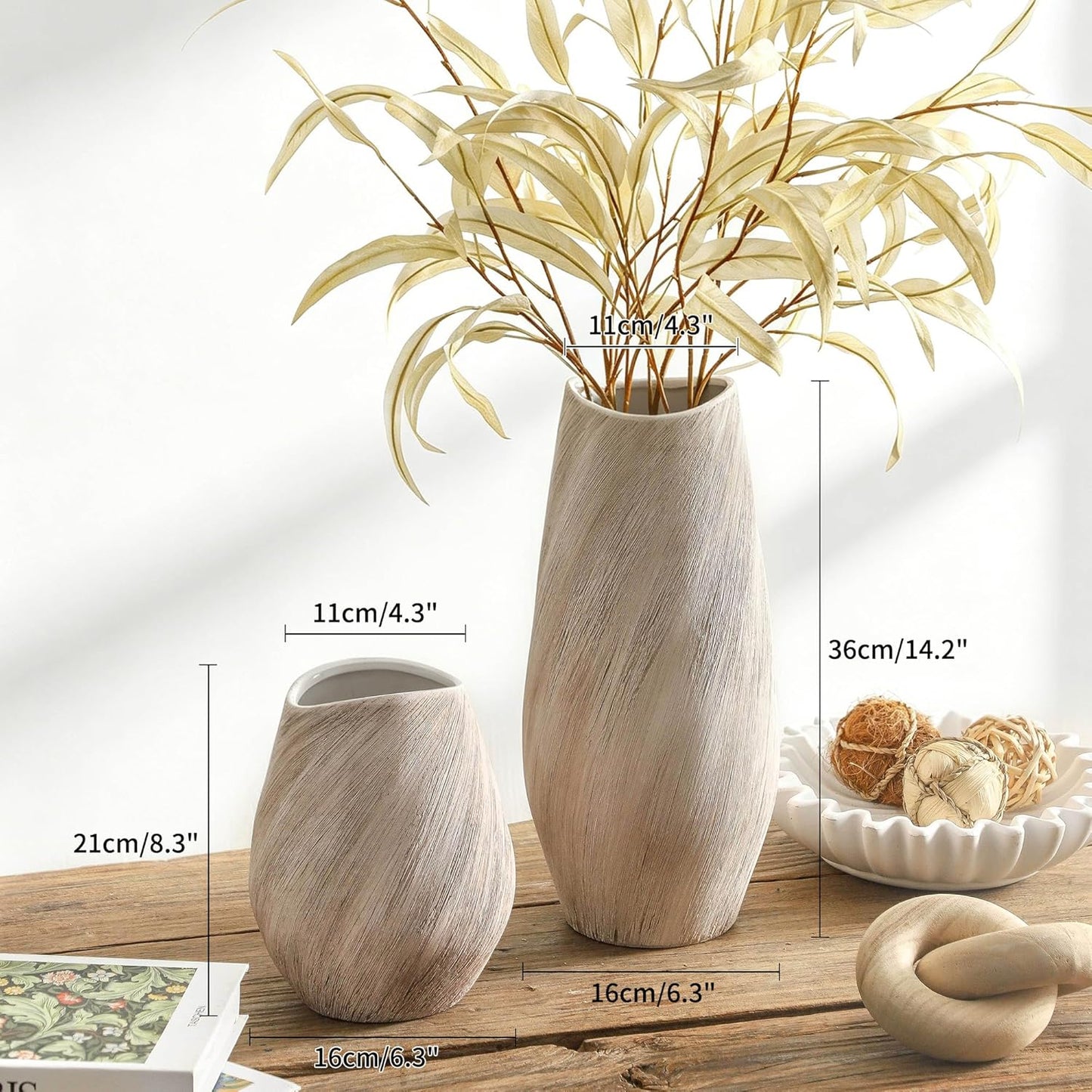 ALMA White Modern Ceramic Vase, 8'' Tall Minimalist Flower Vase for Home Decor, Beige Textured Vase for Living Room, Bedroom, Enterway, Bookshelf, Mantel,Dinning Table, Gift for Wedding & Holiday