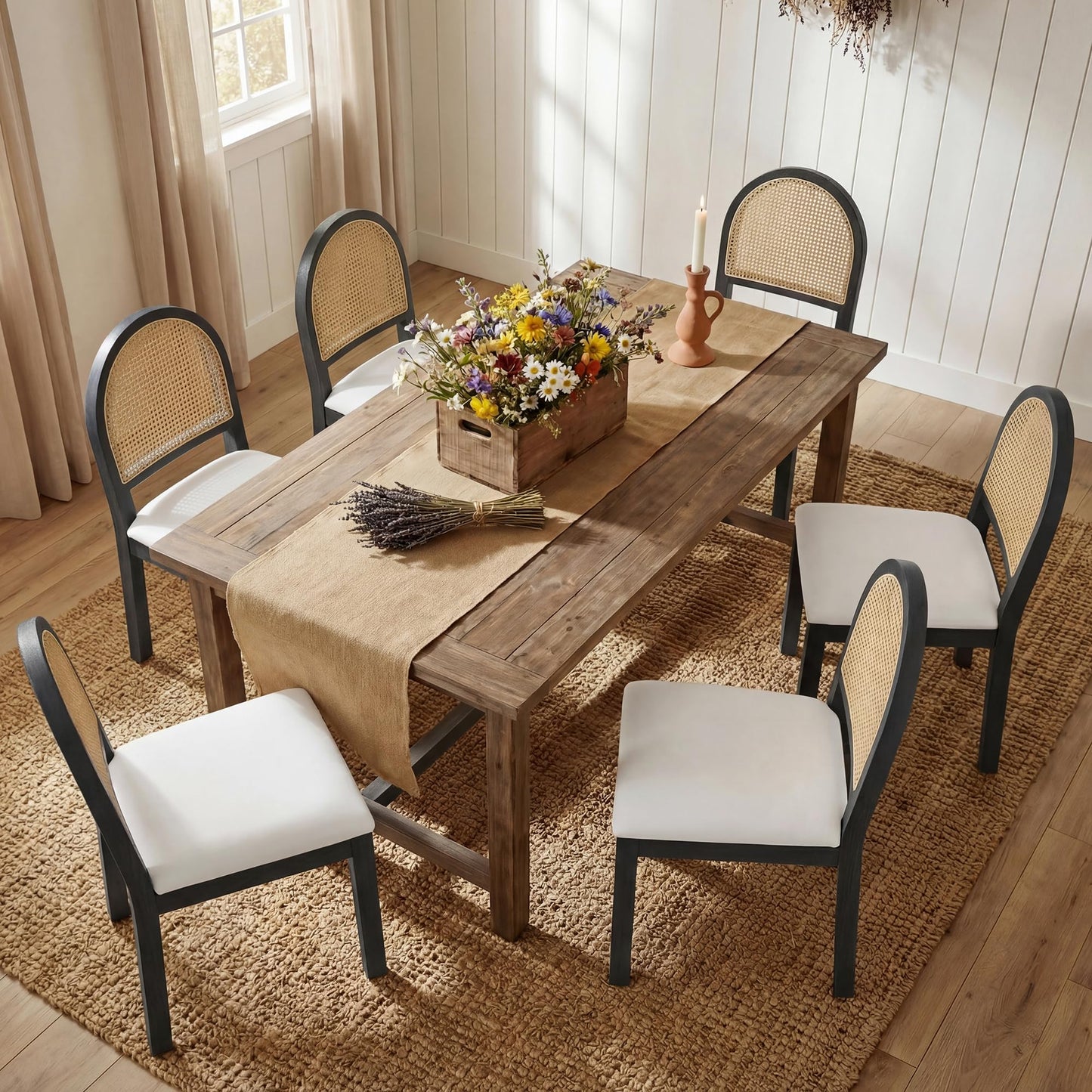 STHOUYN Upholstered Rattan Dining Chairs Set of 4, Farmhouse Solid Wood Dining Room Chair with Natural Rattan Woven Back and Chenille Seat, Mid-Century Modern Wooden Kitchen Chairs (4, Cream White)