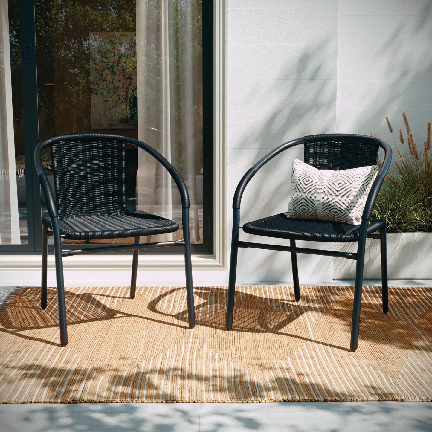 EMMA + OLIVER Set of 4 Modern PE Rattan Stack Chairs, Indoor/Outdoor Patio Dining Chairs, No Assembly Required, Black
