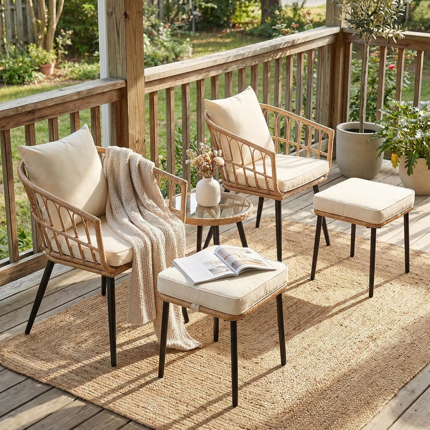 FHFO 5 Piece Patio Bistro Set with Ottoman, Outdoor Wicker Furniture Set, Rattan Balcony Furniture for Apartment, Garden, Porch, Backyard, Poolside, Natural-Beige