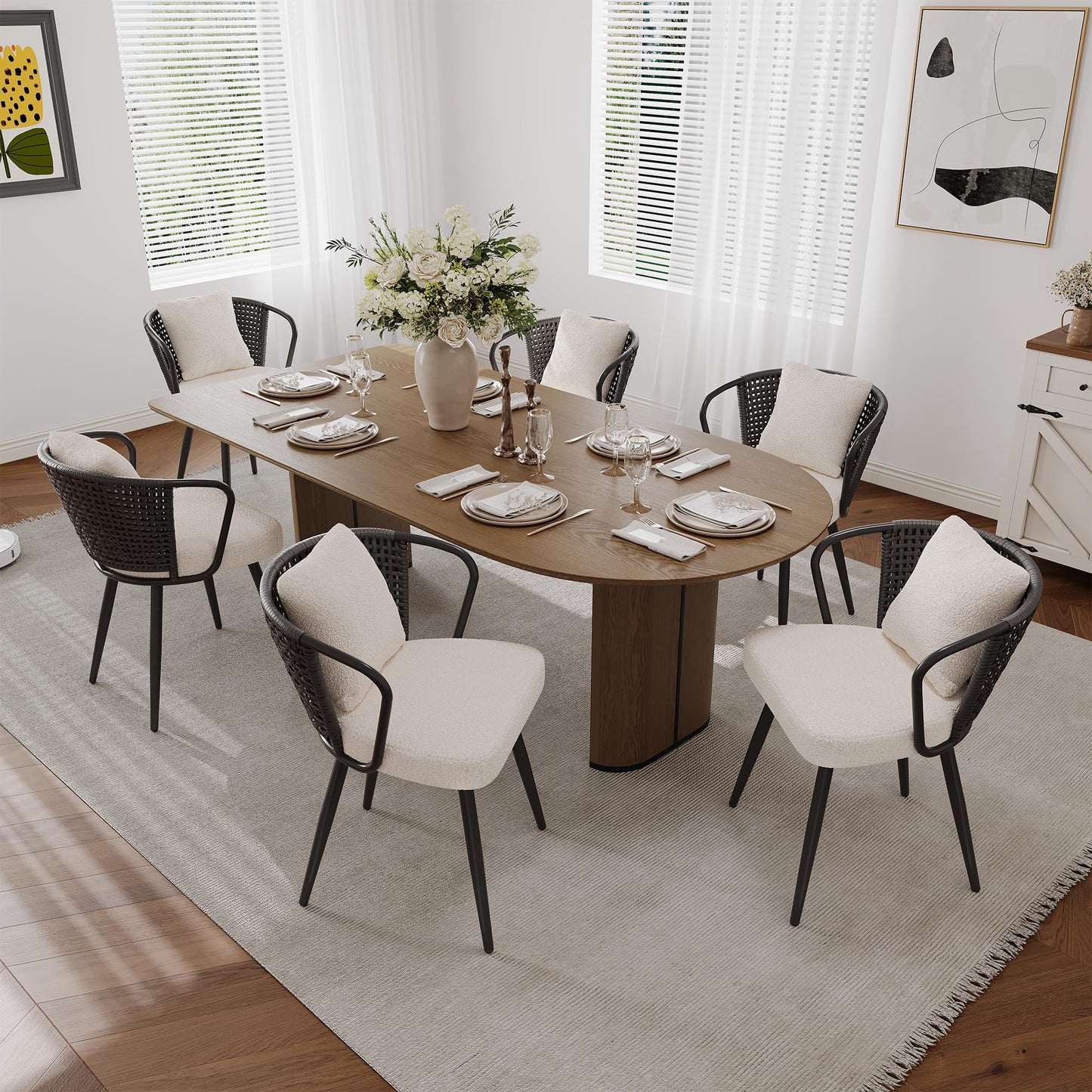 Rattan Dining Chairs Set of 2, Upholstered Kitchen Chair with Metal Legs, Ergonomic Curved Backrest, Mid Century Modern Living Room Chairs with Throw Pillow, Natural