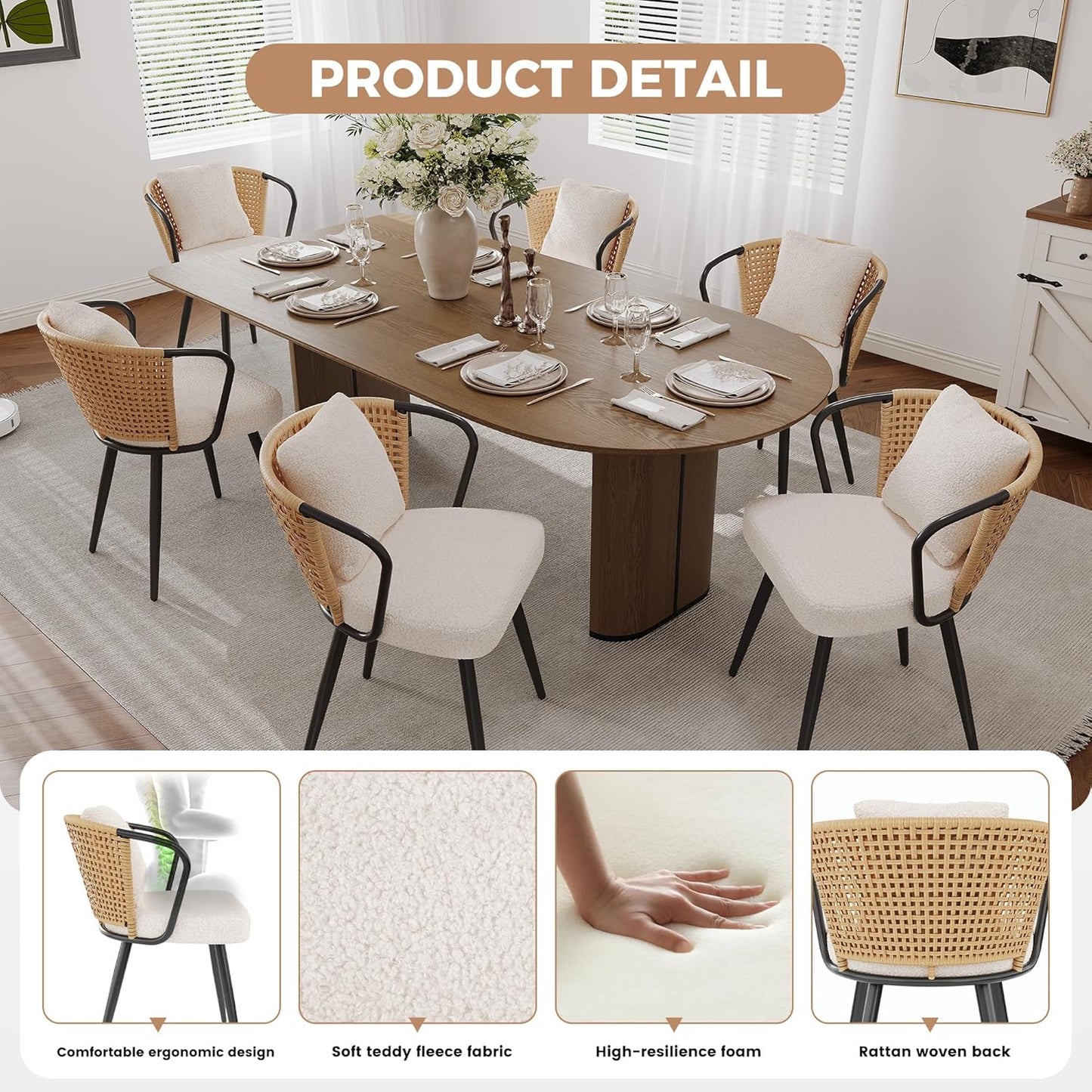 Rattan Dining Chairs Set of 2, Upholstered Kitchen Chair with Metal Legs, Ergonomic Curved Backrest, Mid Century Modern Living Room Chairs with Throw Pillow, Natural