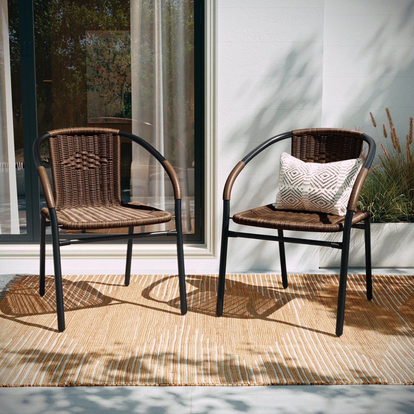 EMMA + OLIVER Set of 4 Modern PE Rattan Stack Chairs, Indoor/Outdoor Patio Dining Chairs, No Assembly Required, Black