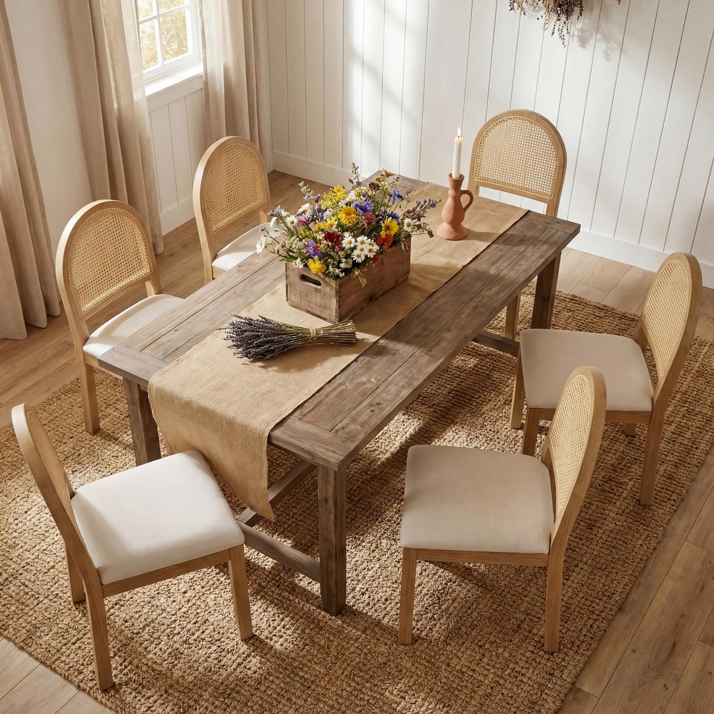 STHOUYN Upholstered Rattan Dining Chairs Set of 4, Farmhouse Solid Wood Dining Room Chair with Natural Rattan Woven Back and Chenille Seat, Mid-Century Modern Wooden Kitchen Chairs (4, Cream White)