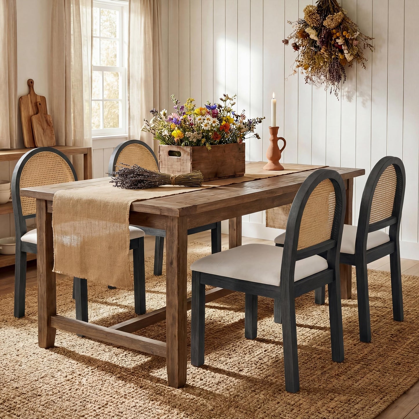 STHOUYN Upholstered Rattan Dining Chairs Set of 4, Farmhouse Solid Wood Dining Room Chair with Natural Rattan Woven Back and Chenille Seat, Mid-Century Modern Wooden Kitchen Chairs (4, Cream White)