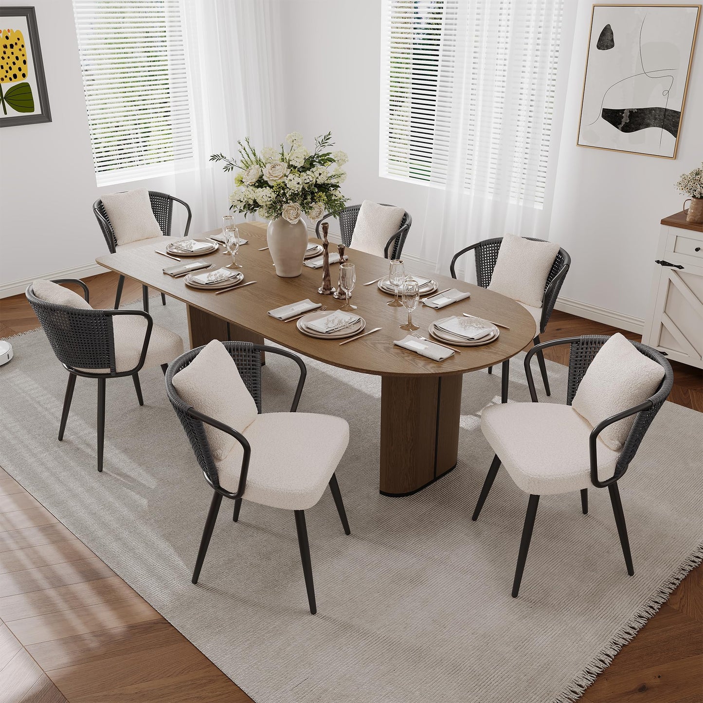 Rattan Dining Chairs Set of 2, Upholstered Kitchen Chair with Metal Legs, Ergonomic Curved Backrest, Mid Century Modern Living Room Chairs with Throw Pillow, Natural