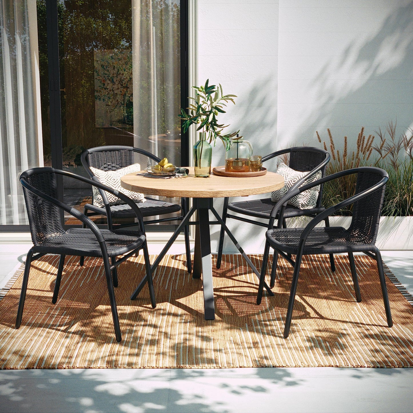 EMMA + OLIVER Set of 4 Modern PE Rattan Stack Chairs, Indoor/Outdoor Patio Dining Chairs, No Assembly Required, Black
