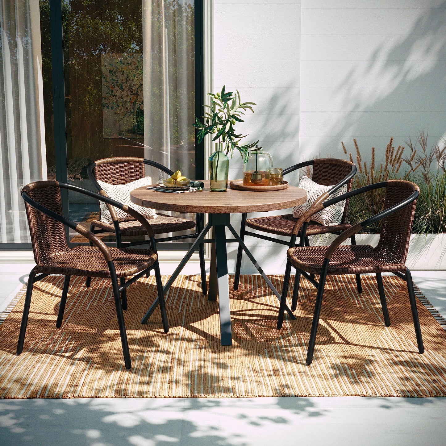 EMMA + OLIVER Set of 4 Modern PE Rattan Stack Chairs, Indoor/Outdoor Patio Dining Chairs, No Assembly Required, Black