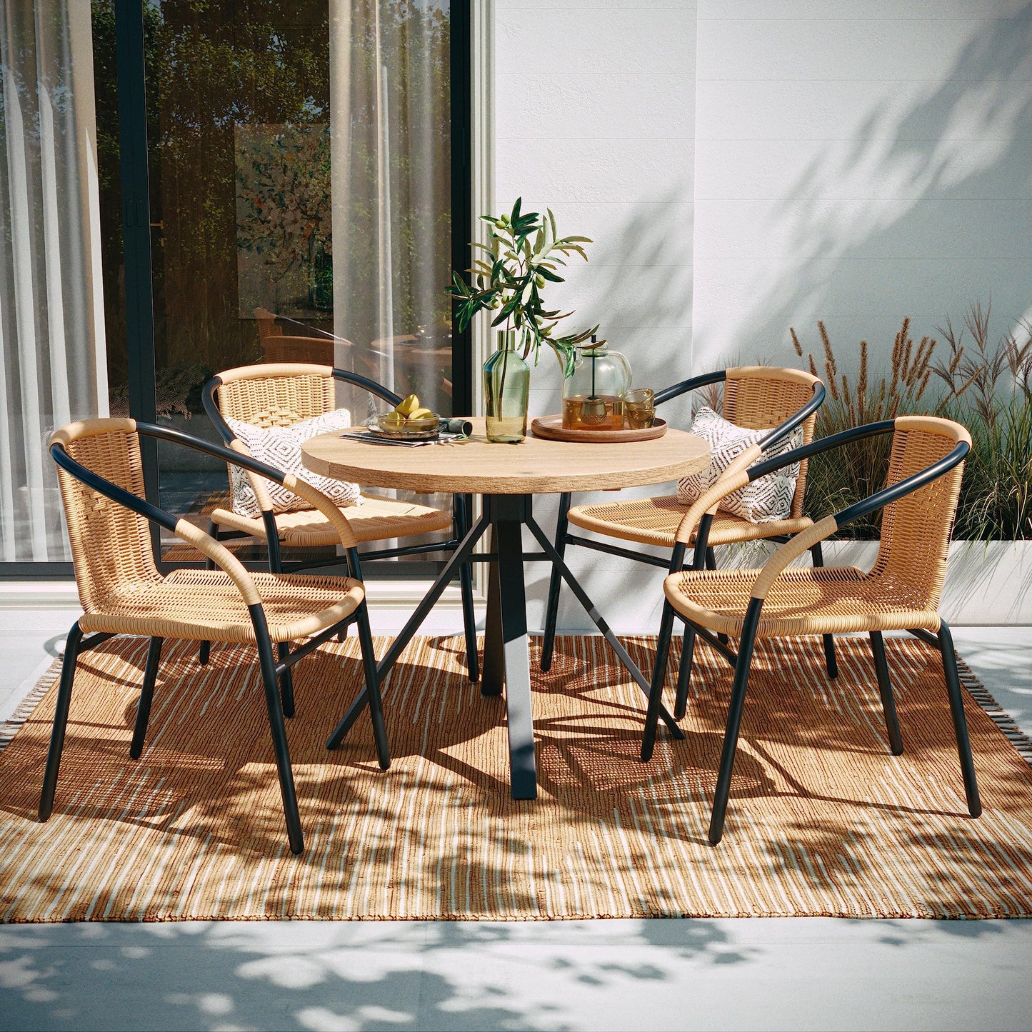 EMMA + OLIVER Set of 4 Modern PE Rattan Stack Chairs, Indoor/Outdoor Patio Dining Chairs, No Assembly Required, Black